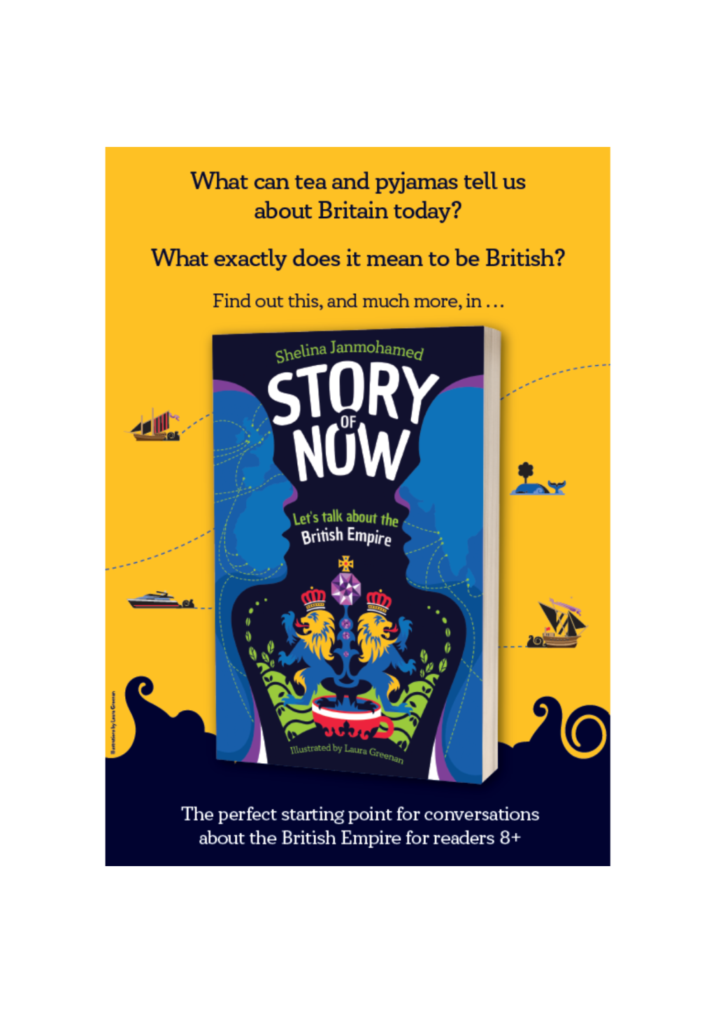 Story of Now standee on a white bacground. The standee has a bright yellow background with blue waves at the bottom. A blue book is coming out of the waves.