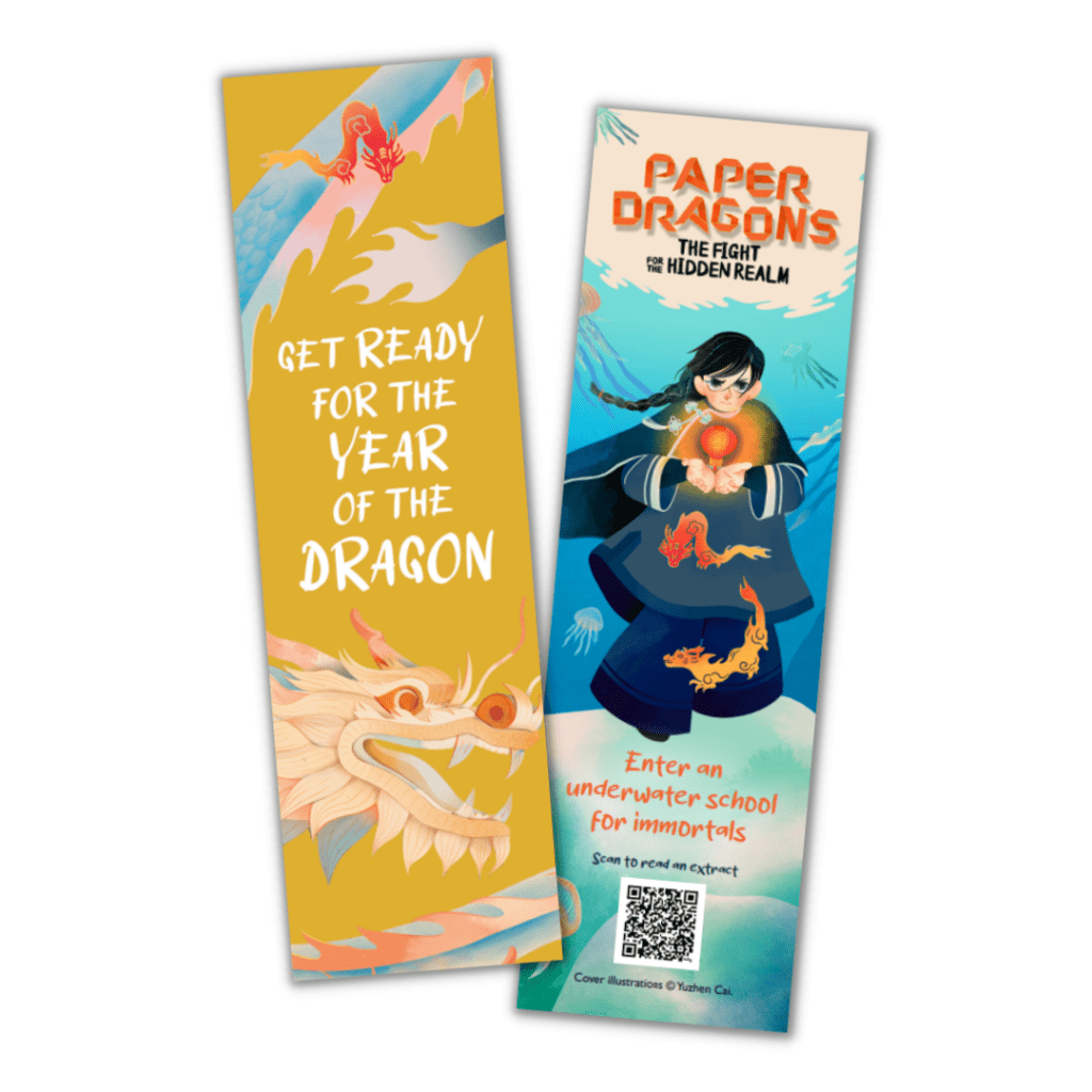 Image of Paper Dragons pre-order bookmark on white background
