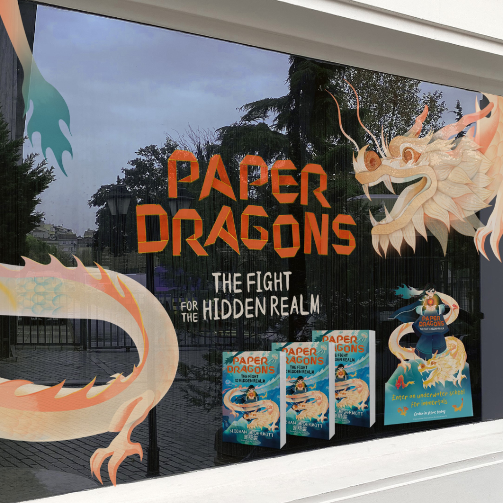 Window clings for Paper Dragons in a bookshop window