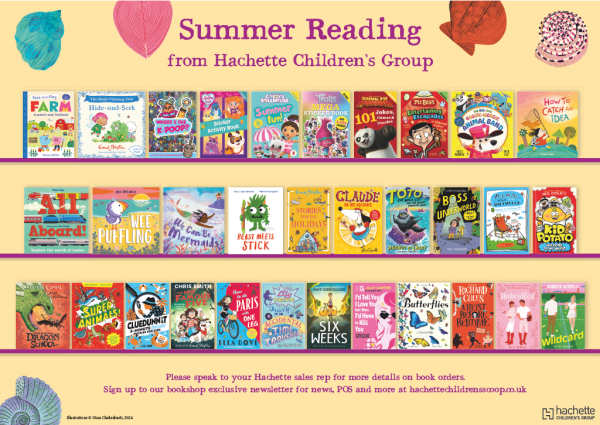 Hachette Children's Group's Summer Order Form, displaying summer-themed books on a sandy yellow background surrounded by shells