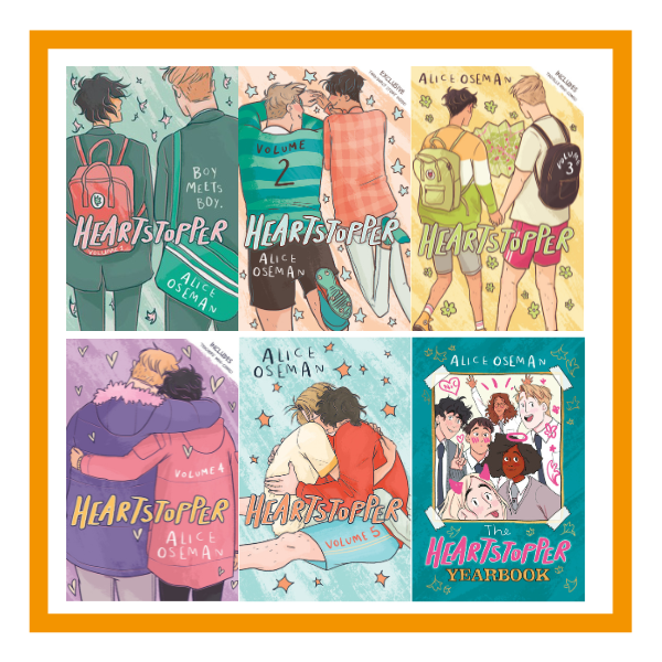 6 Heartstopper book covers with two boys embracing.