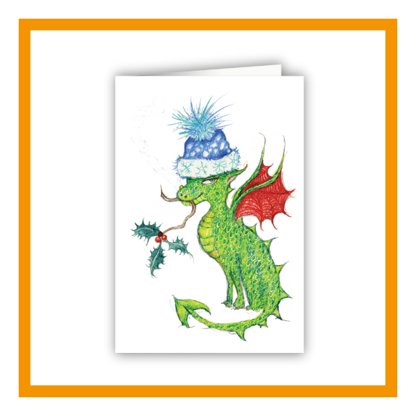 Christmas card featuring a cute green dragon with a winter hand and a sprig of holly