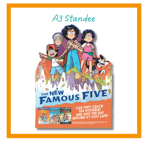 The New Famous Five A3 Standee on a white background with orange details