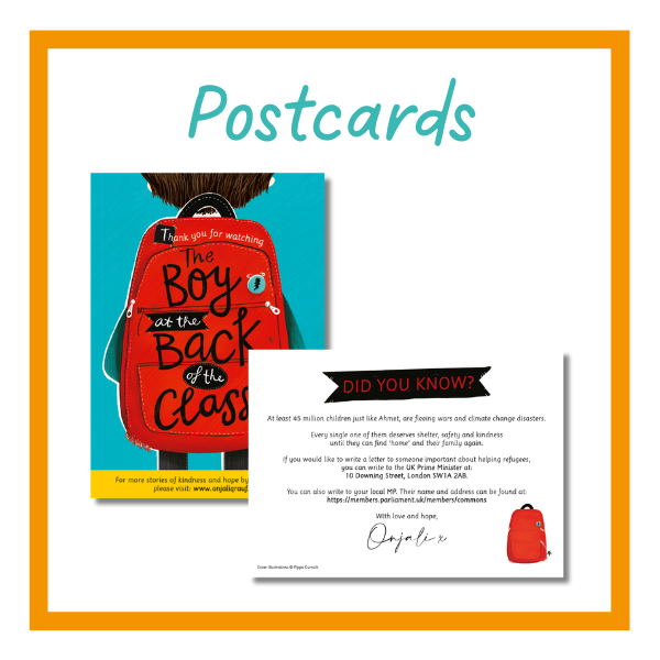 The Boy at the Back of the Class postcard with note from Onjali Rauf.