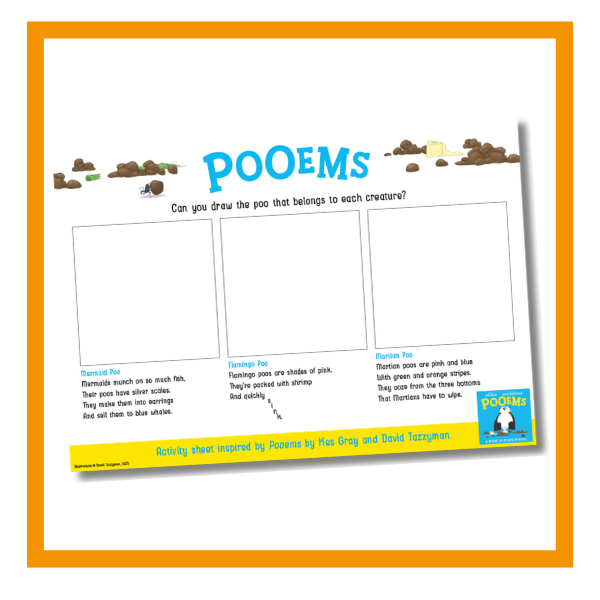 Pooems activity sheet on a white background with an orange border