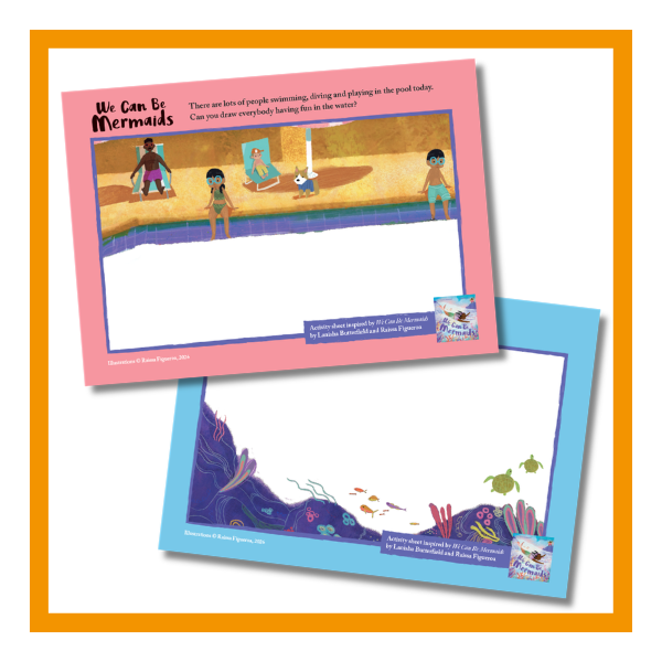 We Can Be Mermaids Activity Sheets shown on a white background with an orange border