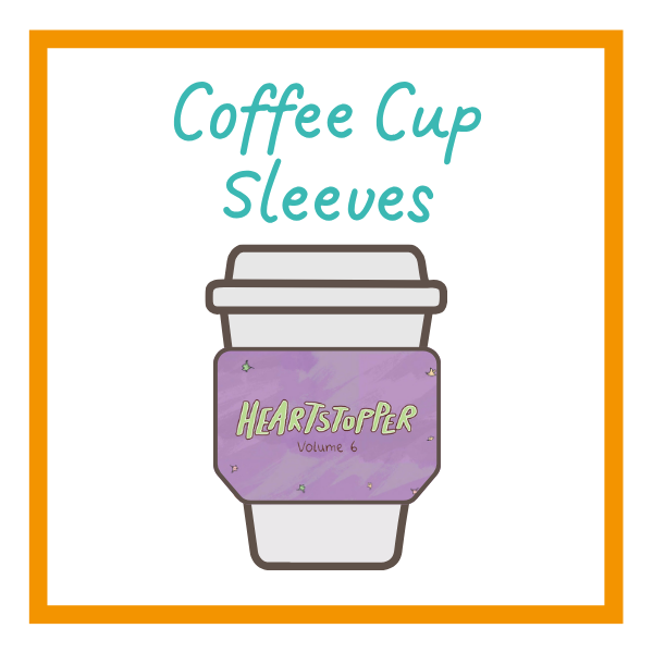 Heartstopper coffee cup sleeves on a white background with orange details
