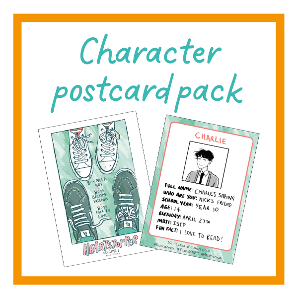 Heartstopper vol 6 postcards on a white background with orange details