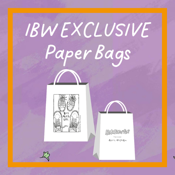 Heartstopper IBW Exclusive Paper Bags on a purple background with orange details