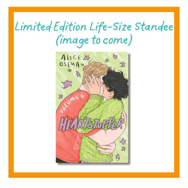 Heartstopper life size standee holding image on white background with orange details