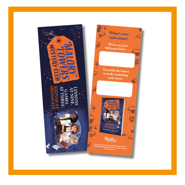 Malory Towers Mystery Club bookmark on a white background with an orange border