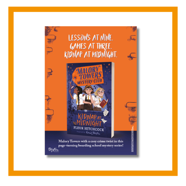 Malory Towers Mystery Club poster on a white background with an orange border
