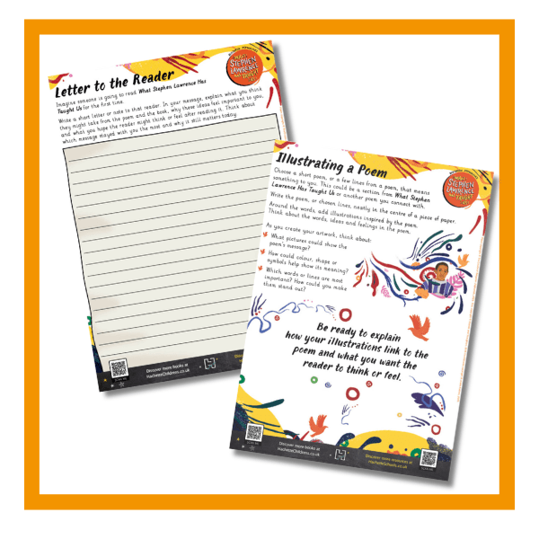 What Stephen Lawrence Has Taught Us activity sheets on a white background with orange details