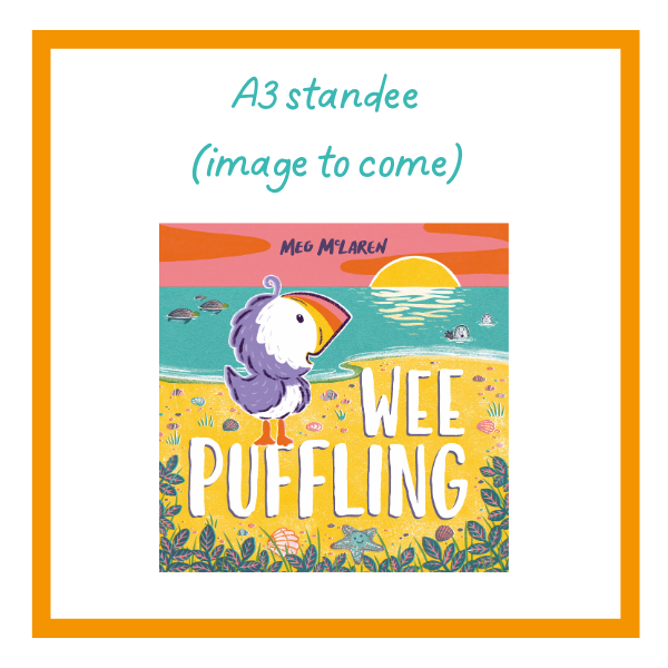 wee puffling holding image on a white background with orange details