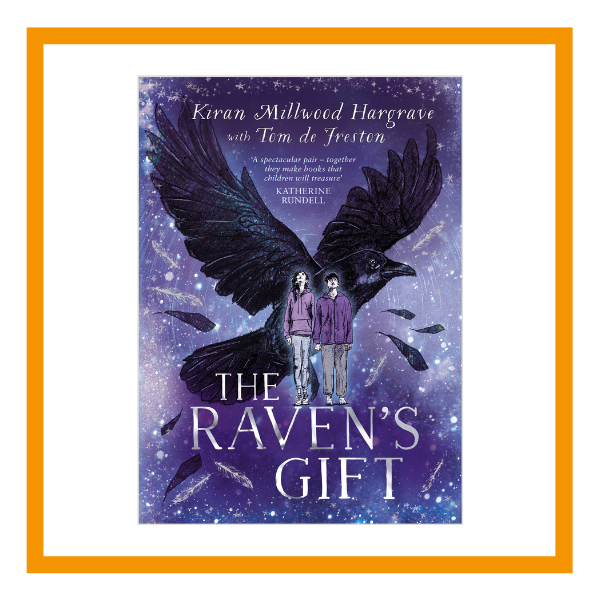 The Raven Gift's book cover on a white background with orange details