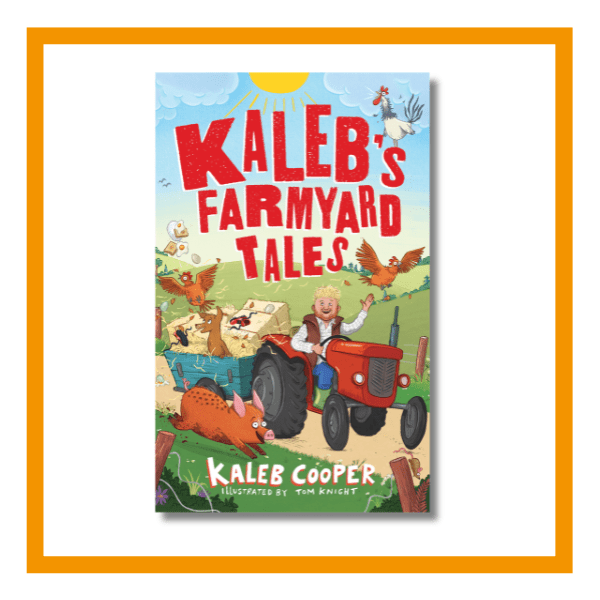 kaleb's farmyard tales cover on a white background with orange details