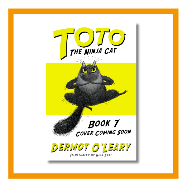 Toto the ninja cat and the football diasco holding cover on a white background with orange details