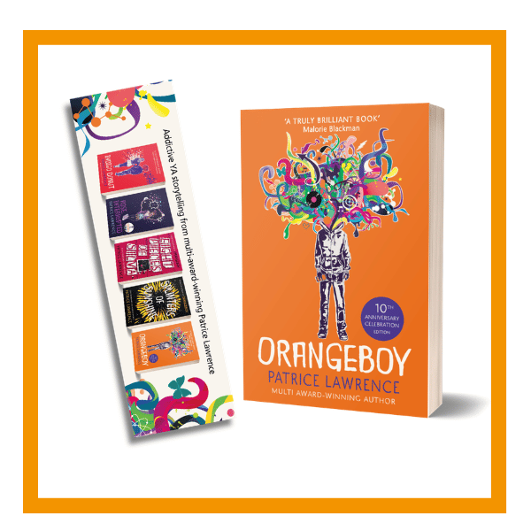 Patrice Lawrence Bookmark and Orangeboy cover on a white background with an orange border